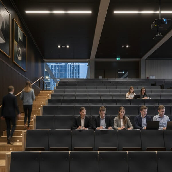A modern, dimly lit auditorium with large abstract paintings, and a large window at the top of the seating area.