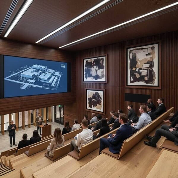 A tiered university lecture hall with three large, framed abstract paintings in neutral tones.