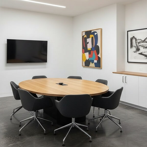 A minimalist conference room decorated by a painting, and a framed black-and-white landscape print.