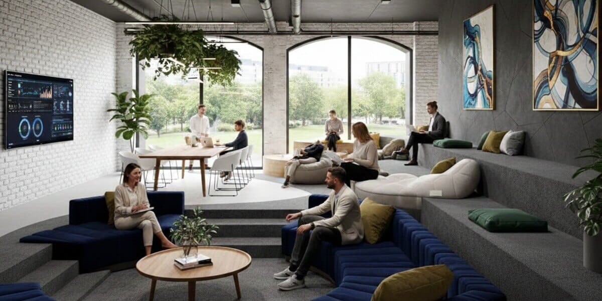 Modern coworking lounge featuring abstract blue and gold wall art.