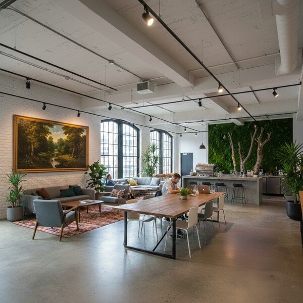 A spacious industrial-style coworking office features exposed ceilings with track lighting, a large landscape painting on a white brick wall.