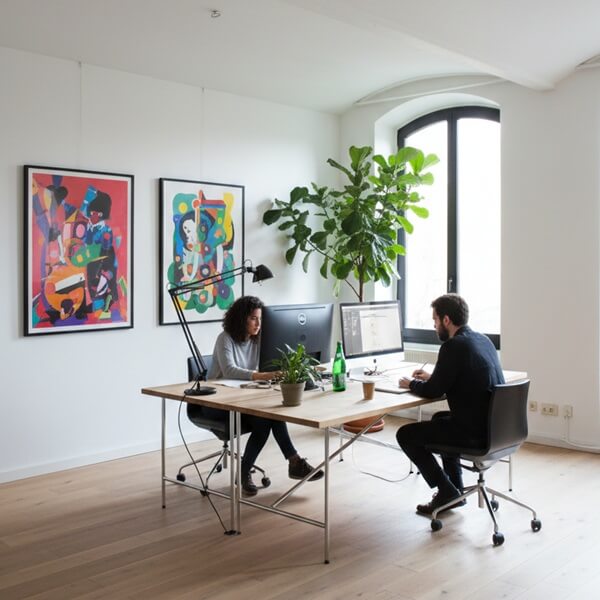 Office Room Accented by large colorful abstract prints on the wall.