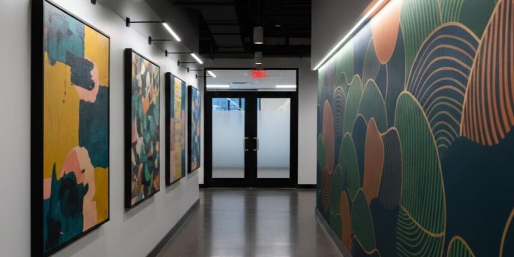 Modern corporate corridor with integrated track lighting and curated artwork