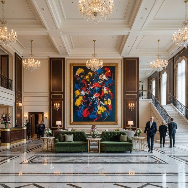 A grand hall features a massive, vibrant abstract painting in a gold frame centered between dark wood panels and elegant chandeliers.