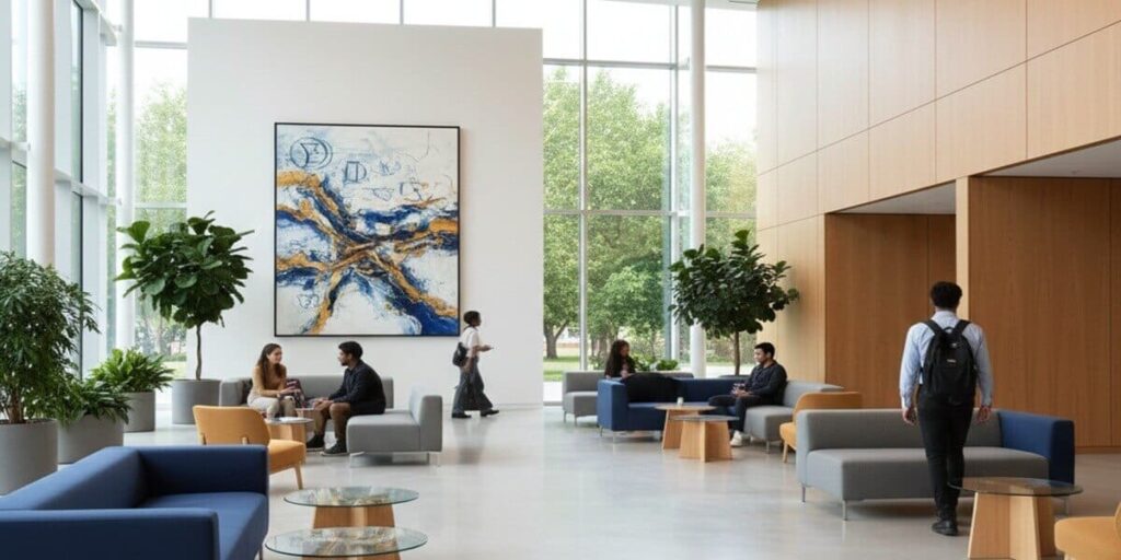 Bright, modern corporate lobby featuring a large-scale blue and gold abstract statement painting, demonstrating professional art management and curation for high-traffic building entrances.