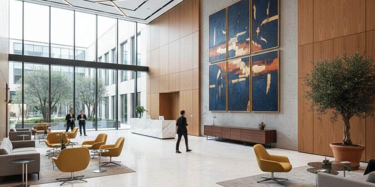 Office lobby featuring a six-panel abstract navy and gold triptych, demonstrating professional art management.