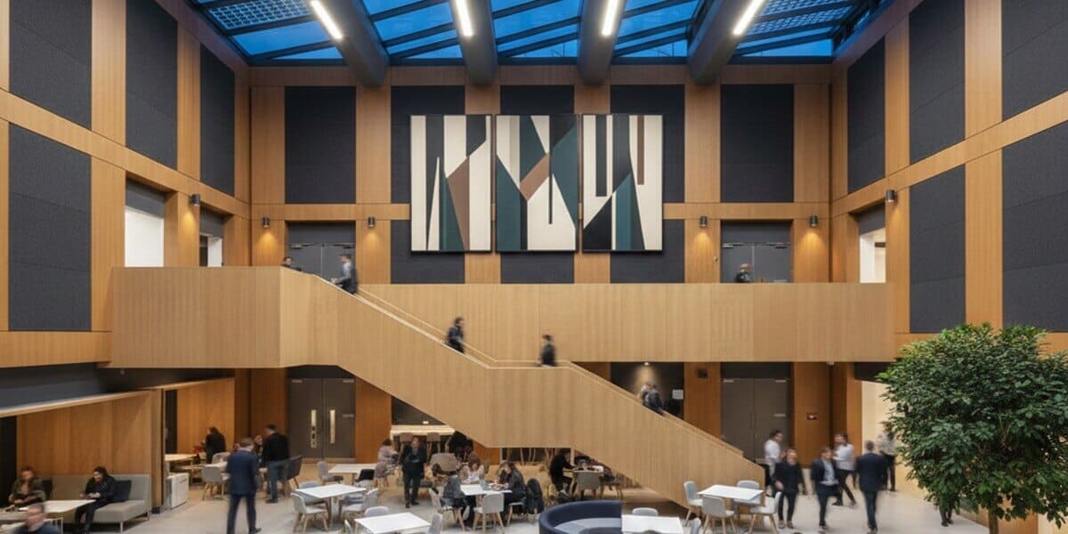 Multi-level corporate atrium featuring a large-scale geometric triptych integrated into wood-paneled walls, demonstrating how art management software coordinates complex installations in high-traffic community hubs.