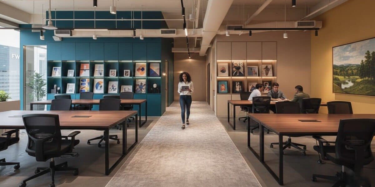 Modern coworking space with a curated gallery wall of diverse corporate art pieces, showcasing integrated art management and rotating office exhibitions for professional environments.