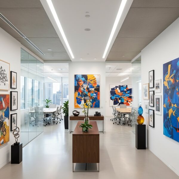A bright, modern office hallway features white walls lined with vibrant abstract paintings and framed art.