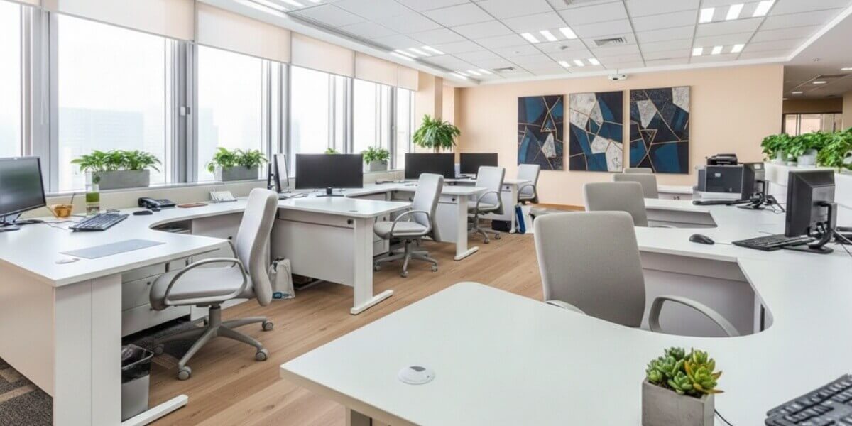 Modern corporate office featuring a curated three-panel geometric abstract art display on a neutral wall, demonstrating professional art placement in a workspace managed by art inventory software.