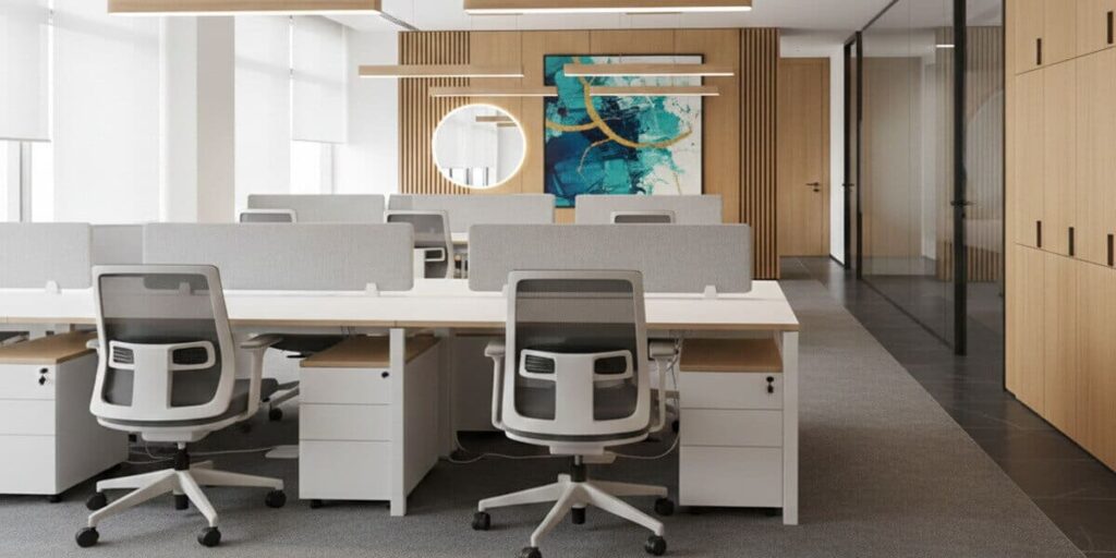 Modern minimalist office with open-plan workstations and a vibrant teal abstract corporate art painting.