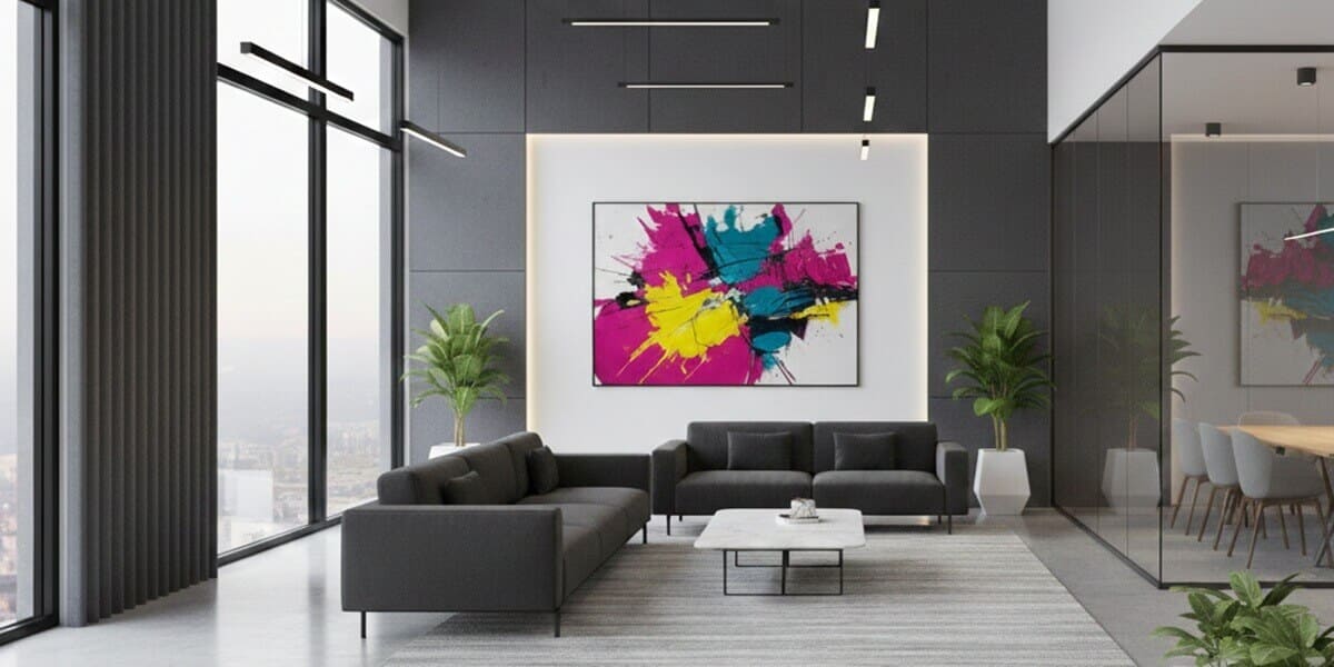 Luxury executive office lounge featuring a vibrant pink and yellow abstract statement painting, demonstrating professional art management.