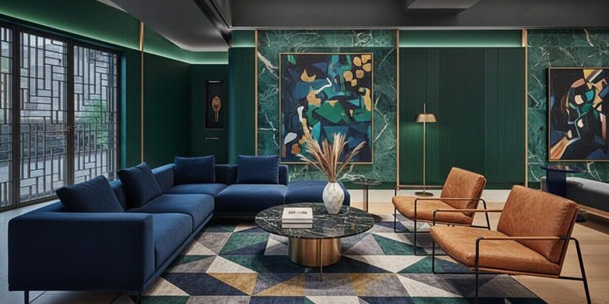 Luxurious executive lounge featuring green marble walls and curated abstract expressionist paintings, demonstrating how art management.