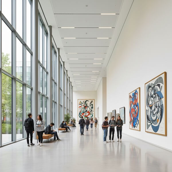 A spacious, light-filled university hall features a long gallery wall displaying large abstract paintings with bold lines and vibrant colors.