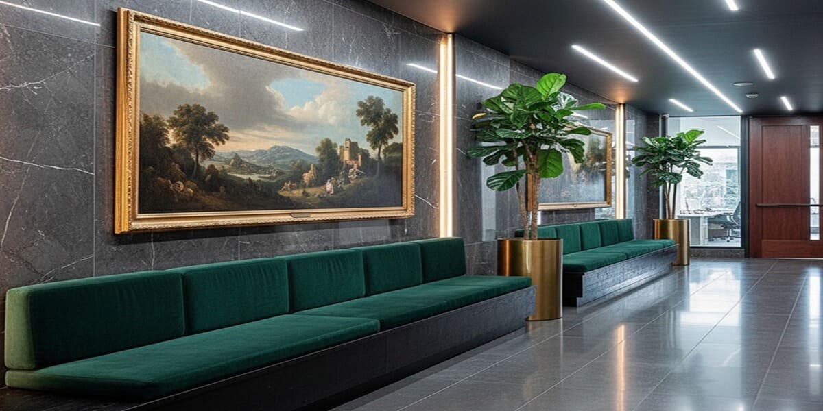 Modern open-plan office with art gallery shelves and a landscape painting, highlighting corporate art inventory management.