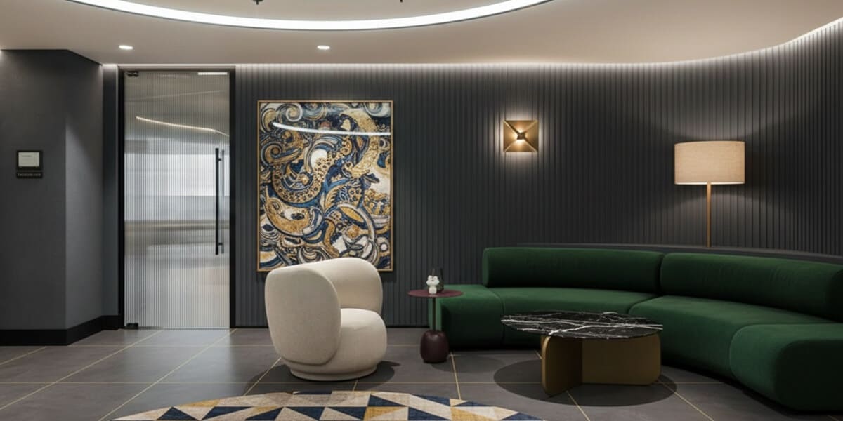 Modern corporate reception area with fluted wall panels and a blue and gold abstract painting, illustrating curated art management for premium business interiors.
