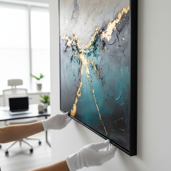 Art handler installing a large gold and teal abstract painting in a modern office.