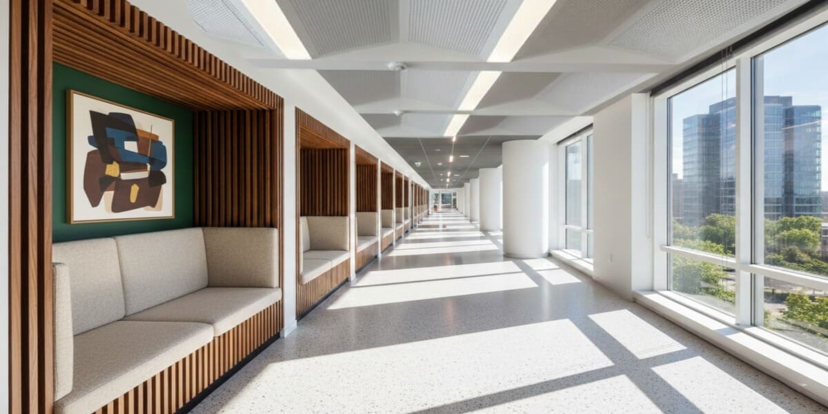 Modern hallway featuring built-in wood slat seating nooks and framed abstract art, illustrating integrated art management for agile office design.