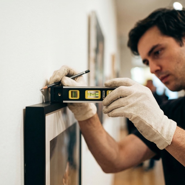 Leveling a framed painting.
