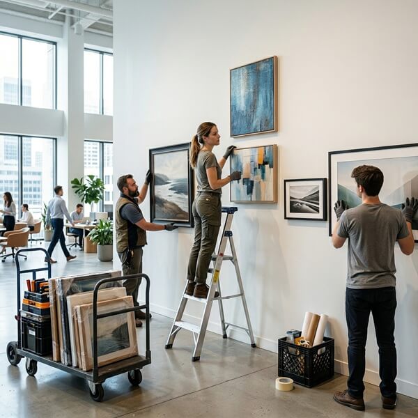 A team of art handlers install and level framed paintings on a office wall.