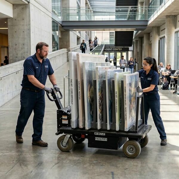 Moving art pieces into university atrium