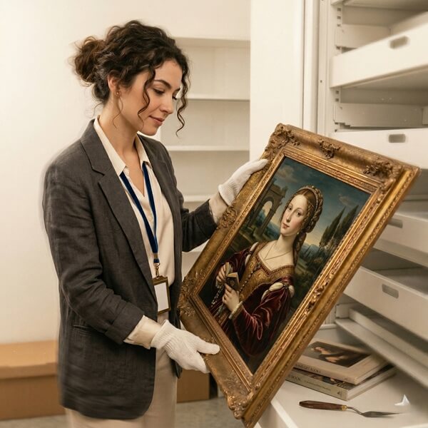 Art Curator holds framed painting