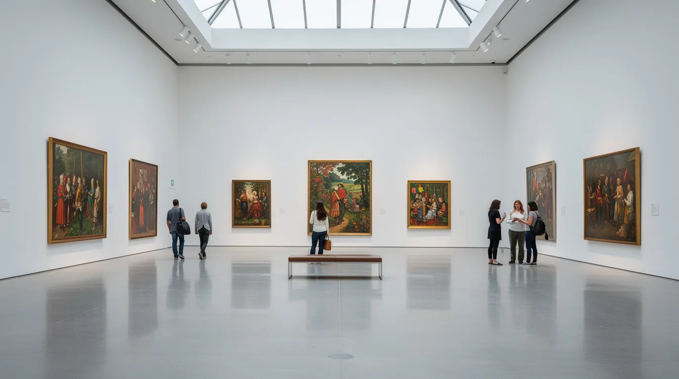 The image depicts a spacious museum gallery filled with visitors admiring large contemporary paintings displayed on pristine white walls. This vibrant gallery space reflects the art world’s dynamic nature, showcasing the role of curators in organizing exhibitions and enhancing public understanding of art history.