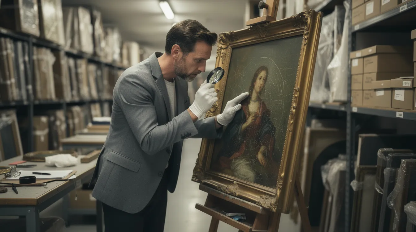 An art curator closely examines a framed painting in a museum storage room, showcasing their deep understanding of art history and contemporary art. This moment highlights the meticulous work of museum professionals in managing collections and curating exhibitions.