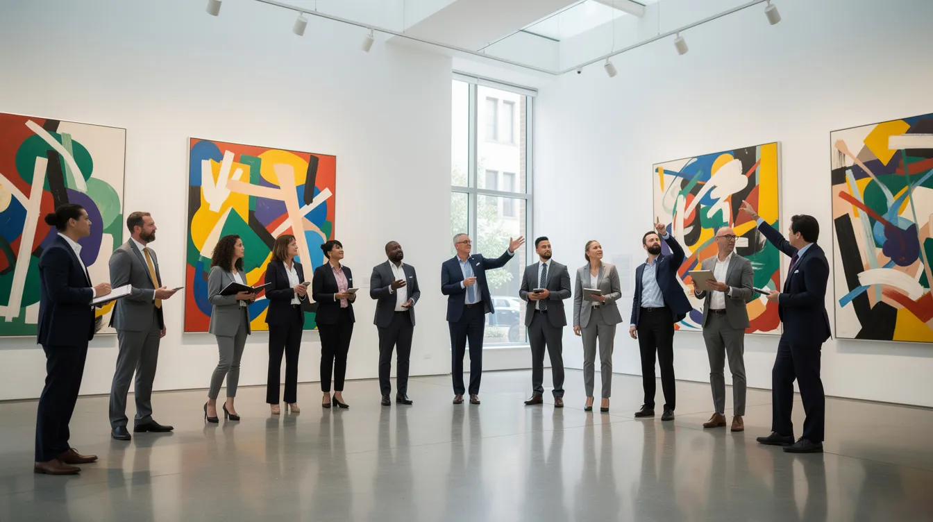 A group of museum professionals, including art curators and independent curators, are engaged in a discussion about contemporary art in a gallery space adorned with large abstract paintings. The scene reflects the dynamic art world, highlighting the importance of curatorial practices and the organization of exhibitions in cultural institutions.